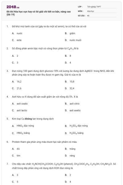 Đề thi Hóa học cực hay có lời giải chi tiết cơ bản, nâng cao (Đề 19)