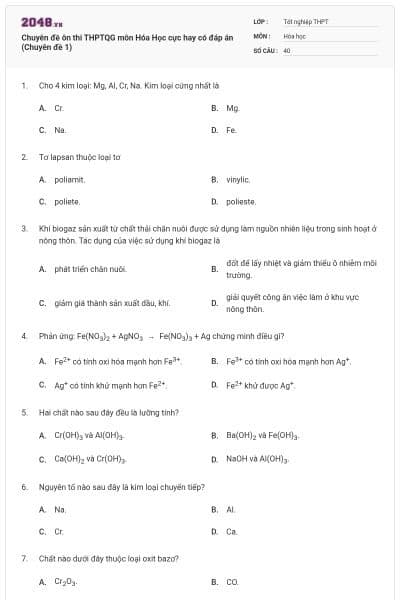 Chuyên đề ôn thi THPTQG môn Hóa Học cực hay có đáp án (Chuyên đề 1)