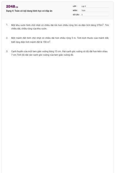 Dạng 4: Toán có nội dung hình học có đáp án