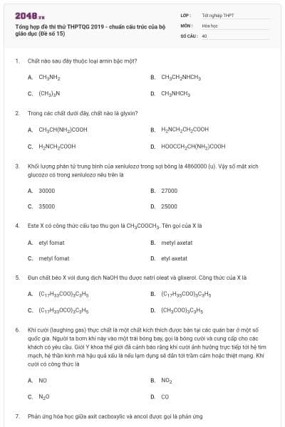 Tổng hợp đề thi thử THPTQG 2019 - chuẩn cấu trúc của bộ giáo dục (Đề số 15)