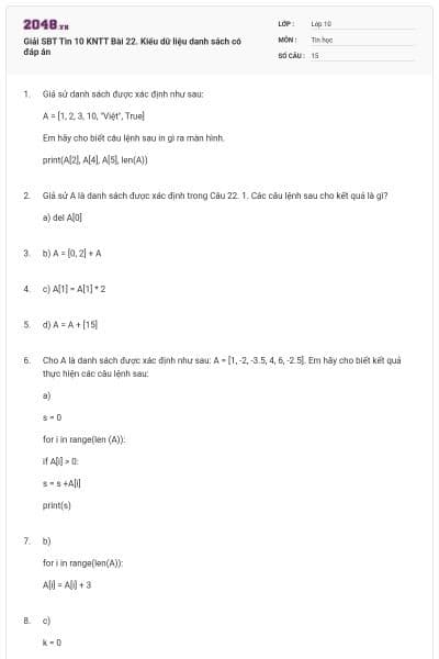 Giải SBT Tin 10 KNTT Bài 22. Kiểu dữ liệu danh sách có đáp án
