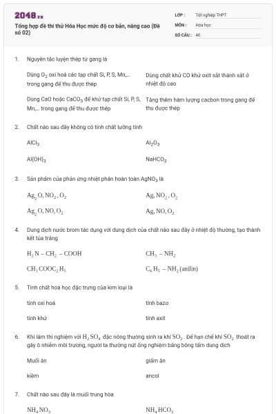 Tổng hợp đề thi thử Hóa Học mức độ cơ bản, nâng cao (Đề số 02)