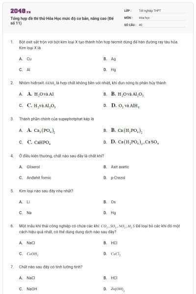 Tổng hợp đề thi thử Hóa Học mức độ cơ bản, nâng cao (Đế số 11)