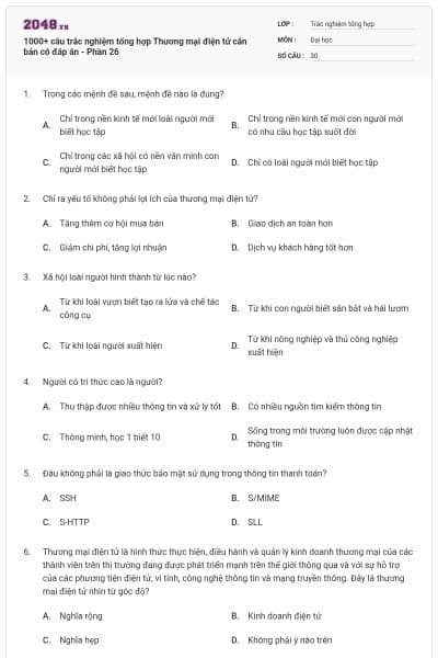 1000+ câu trắc nghiệm tổng hợp Thương mại điện tử căn bản có đáp án - Phần 26
