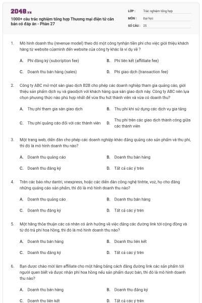 1000+ câu trắc nghiệm tổng hợp Thương mại điện tử căn bản có đáp án - Phần 27