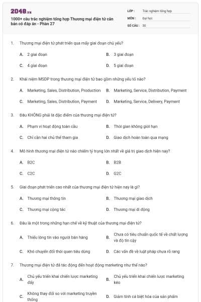 1000+ câu trắc nghiệm tổng hợp Thương mại điện tử căn bản có đáp án - Phần 27