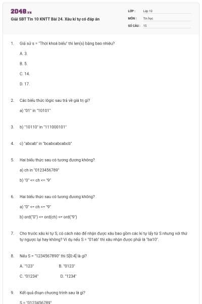 Giải SBT Tin 10 KNTT Bài 24. Xâu kí tự có đáp án