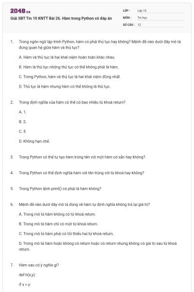 Giải SBT Tin 10 KNTT Bài 26. Hàm trong Python có đáp án