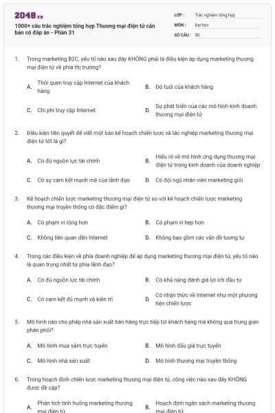 1000+ câu trắc nghiệm tổng hợp Thương mại điện tử căn bản có đáp án - Phần 31