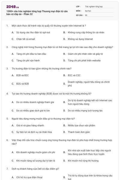 1000+ câu trắc nghiệm tổng hợp Thương mại điện tử căn bản có đáp án - Phần 32