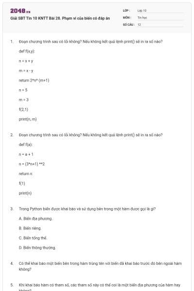 Giải SBT Tin 10 KNTT Bài 28. Phạm vi của biến có đáp án