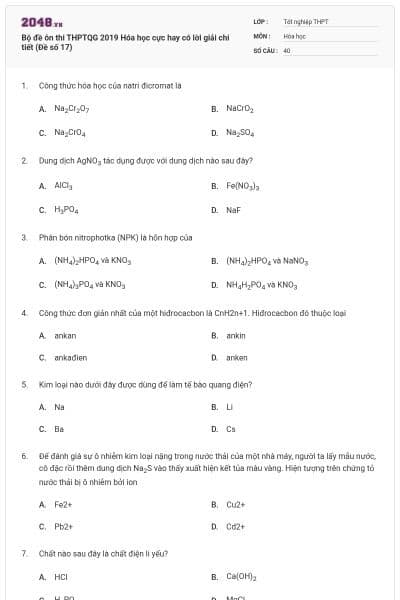 Bộ đề ôn thi THPTQG 2019 Hóa học cực hay có lời giải chi tiết (Đề số 17)