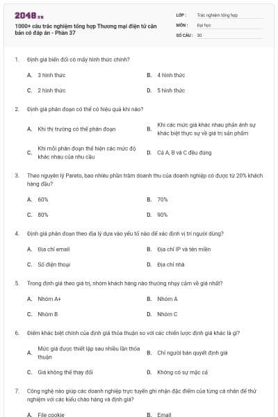 1000+ câu trắc nghiệm tổng hợp Thương mại điện tử căn bản có đáp án - Phần 37
