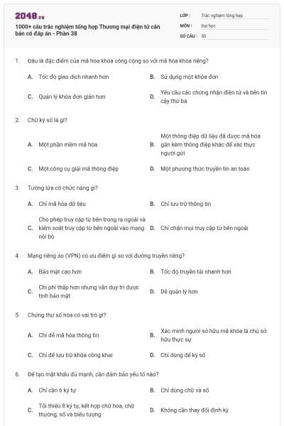 1000+ câu trắc nghiệm tổng hợp Thương mại điện tử căn bản có đáp án - Phần 38
