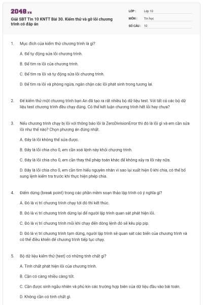 Giải SBT Tin 10 KNTT Bài 30. Kiểm thử và gỡ lỗi chương trình có đáp án