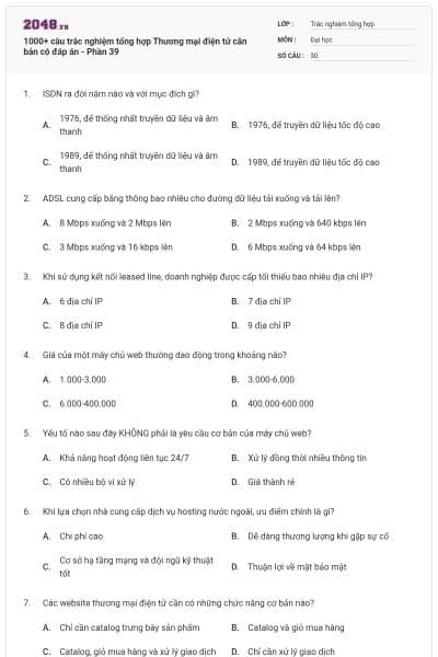 1000+ câu trắc nghiệm tổng hợp Thương mại điện tử căn bản có đáp án - Phần 39
