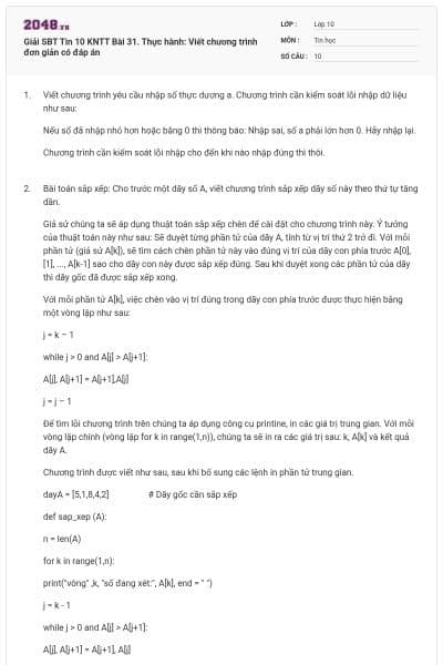 Giải SBT Tin 10 KNTT Bài 31. Thực hành: Viết chương trình đơn giản có đáp án