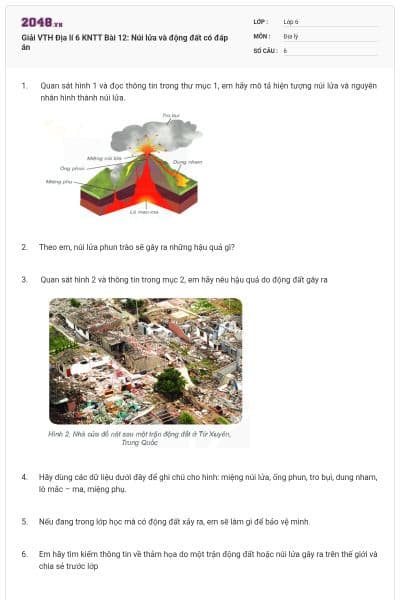 Giải VTH Địa lí 6 KNTT Bài 12: Núi lửa và động đất có đáp án