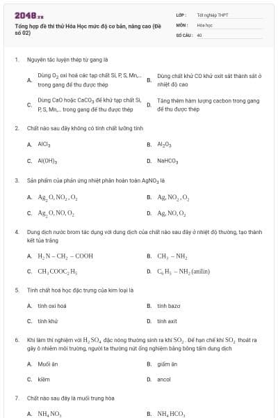 Tổng hợp đề thi thử Hóa Học mức độ cơ bản, nâng cao (Đề số 02)