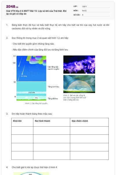Giải VTH Địa lí 6 KNTT Bài 15: Lớp vỏ khí của Trái Đất. Khí áp và gió có đáp án