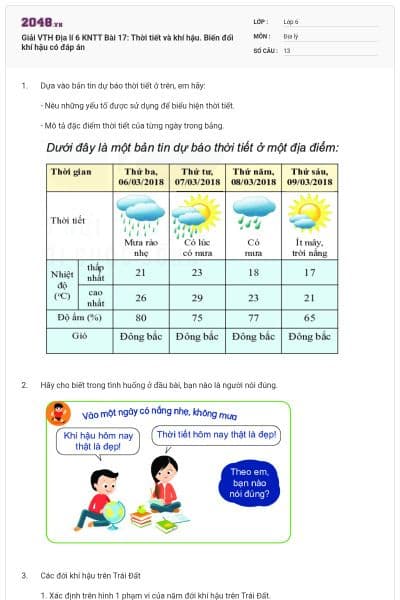 Giải VTH Địa lí 6 KNTT Bài 17: Thời tiết và khí hậu. Biến đổi khí hậu có đáp án