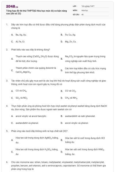 Tổng hợp đề thi thử THPTQG Hóa học mức độ cơ bản nâng cao (đề số 23)