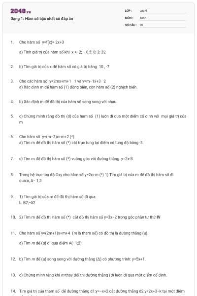 Dạng 1: Hàm số bậc nhất có đáp án