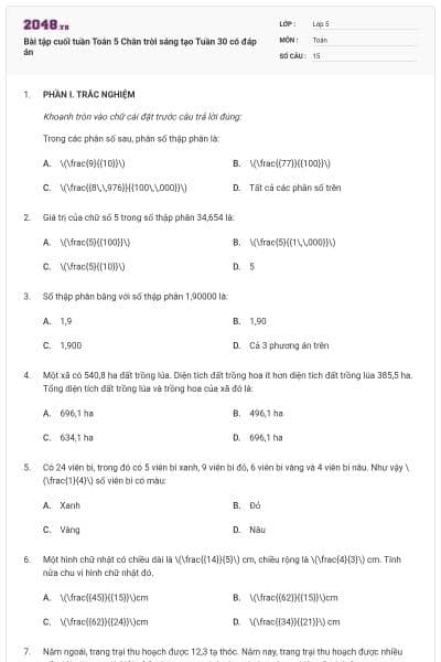 Bài tập cuối tuần Toán 5 Chân trời sáng tạo Tuần 30 có đáp án