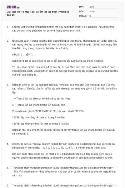 Giải SBT Tin 10 KNTT Bài 32. Ôn tập lập trình Python có đáp án