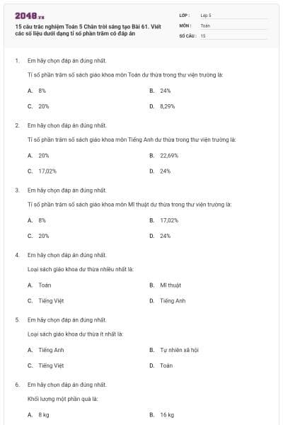 15 câu trắc nghiệm Toán 5 Chân trời sáng tạo Bài 61. Viết các số liệu dưới dạng tỉ số phần trăm có đáp án