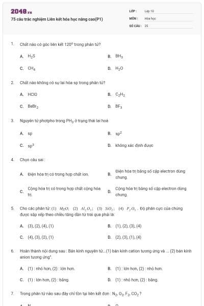 75 câu trắc nghiệm Liên kết hóa học nâng cao(P1)