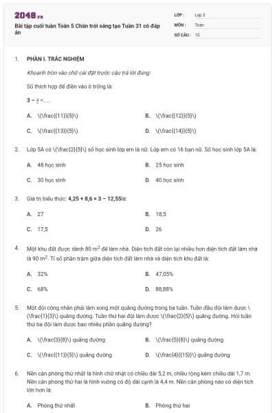 Bài tập cuối tuần Toán 5 Chân trời sáng tạo Tuần 31 có đáp án