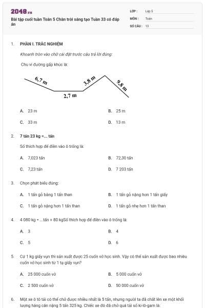 Bài tập cuối tuần Toán 5 Chân trời sáng tạo Tuần 33 có đáp án
