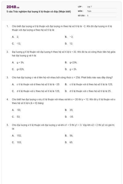 5 câu Trắc nghiệm Đại lượng tỉ lệ thuận có đáp (Nhận biết)