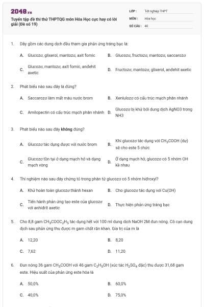 Tuyển tập đề thi thử THPTQG môn Hóa Học cực hay có lời giải (Đề số 19)