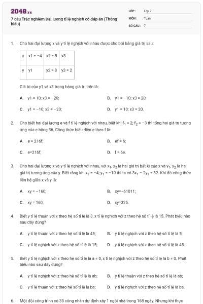 7 câu Trắc nghiệm Đại lượng tỉ lệ nghịch có đáp án (Thông hiểu)