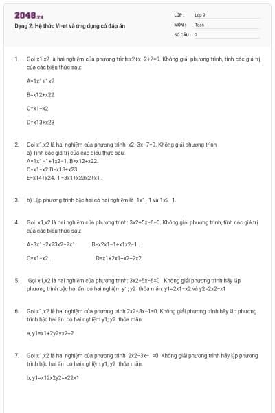 Dạng 2: Hệ thức Vi-et và ứng dụng có đáp án