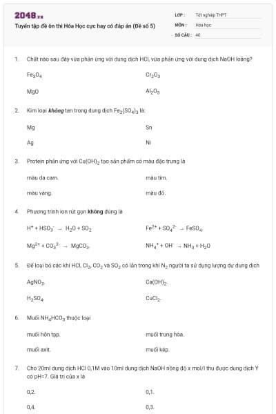 Tuyển tập đề ôn thi Hóa Học cực hay có đáp án (Đề số 5)