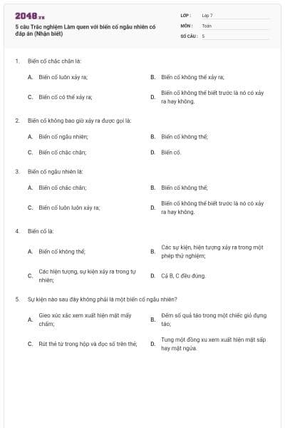 5 câu Trắc nghiệm Làm quen với biến cố ngẫu nhiên có đáp án (Nhận biết)