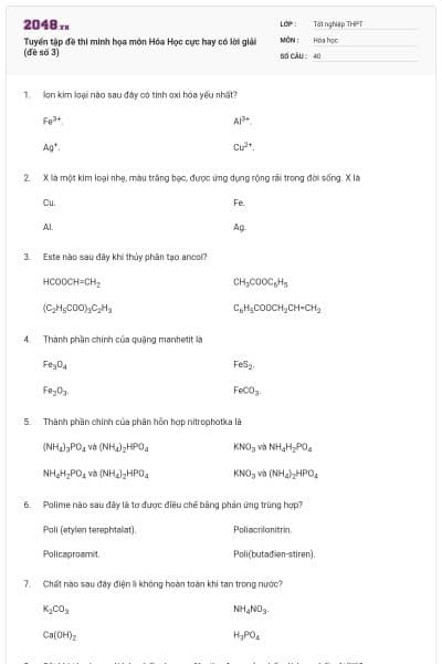 Tuyển tập đề thi minh họa môn Hóa Học cực hay có lời giải (đề số 3)