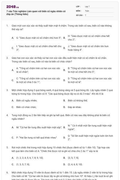 7 câu Trắc nghiệm Làm quen với biến cố ngẫu nhiên có đáp án (Thông hiểu)