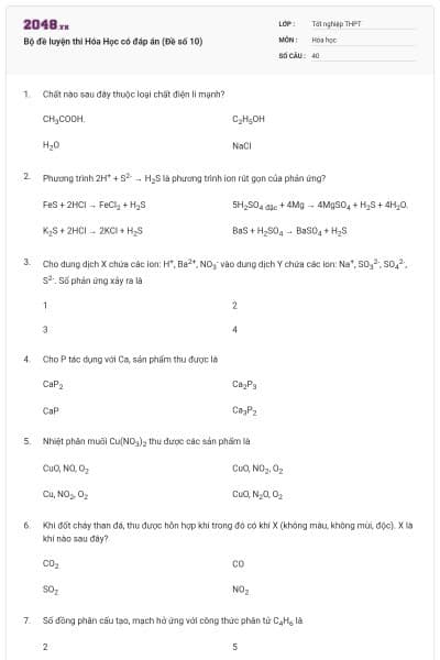Bộ đề luyện thi Hóa Học có đáp án (Đề số 10)