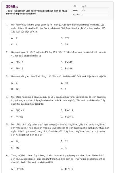 7 câu Trắc nghiệm Làm quen với xác suất của biến cố ngẫu nhiên có đáp án (Thông hiểu)