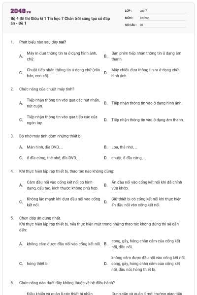 Bộ 4 đề thi Giữa kì 1 Tin học 7 Chân trời sáng tạo có đáp án - Đề 1