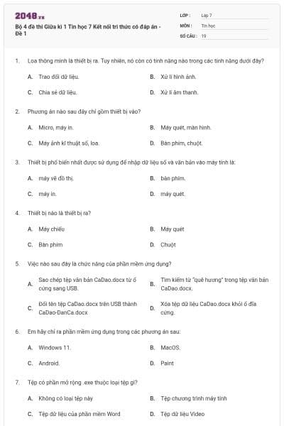 Bộ 4 đề thi Giữa kì 1 Tin học 7 Kết nối tri thức có đáp án - Đề 1
