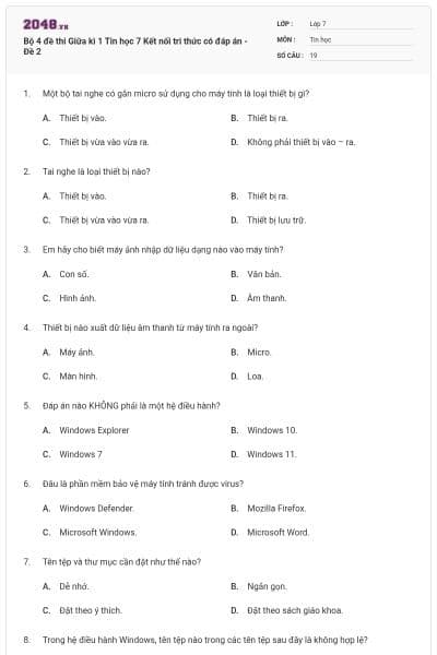 Bộ 4 đề thi Giữa kì 1 Tin học 7 Kết nối tri thức có đáp án - Đề 2
