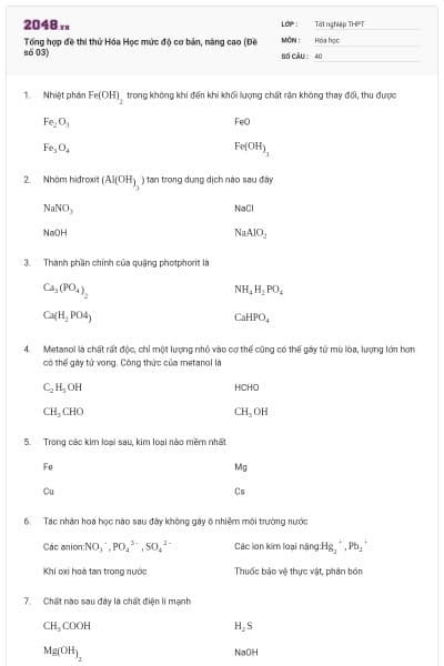 Tổng hợp đề thi thử Hóa Học mức độ cơ bản, nâng cao (Đề số 03)