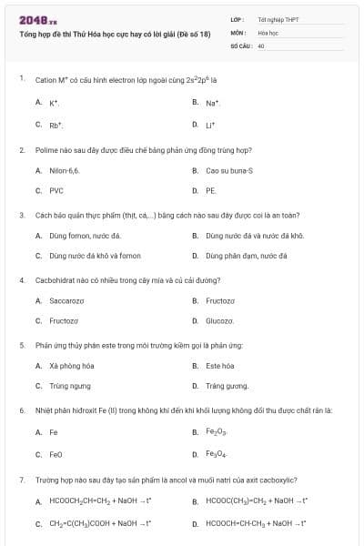 Tổng hợp đề thi Thử Hóa học cực hay có lời giải (Đề số 18)