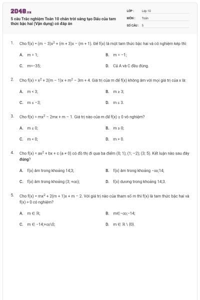 5 câu Trắc nghiệm Toán 10 chân trời sáng tạo Dấu của tam thức bậc hai (Vận dụng) có đáp án