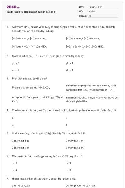 Bộ đề luyện thi Hóa Học có đáp án (Đề số 11)